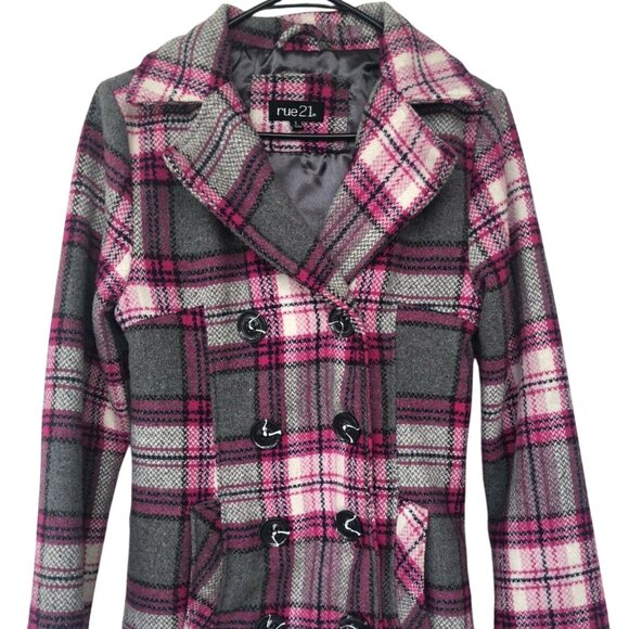 RUE 21 PINK/GRAY PLAID WOOL BLEND PEA COAT SMALL - Picture 4 of 9